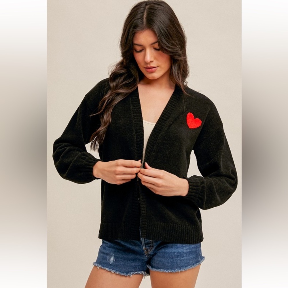 938. ❤️Hem & Thread Cardigan Black Sweater with Red Heart Detail New Item NWT - Picture 3 of 6